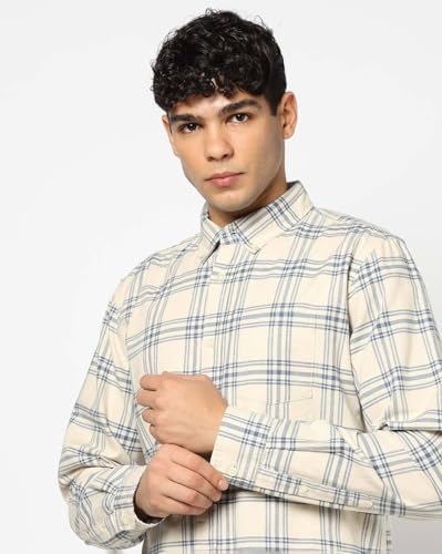 Men's Checks Button-Down Shirt, Beige, XL