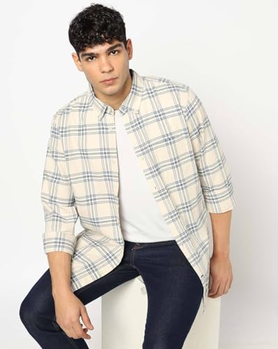 Men's Checks Button-Down Shirt, Beige, XL
