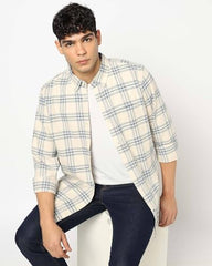 Men's Checks Button-Down Shirt, Beige, XL