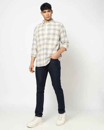 Men's Checks Button-Down Shirt, Beige, XL