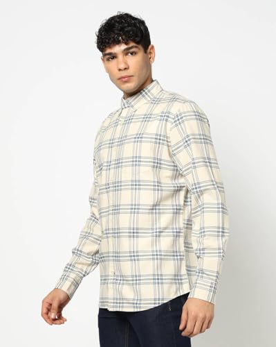 Men's Checks Button-Down Shirt, Beige, XL