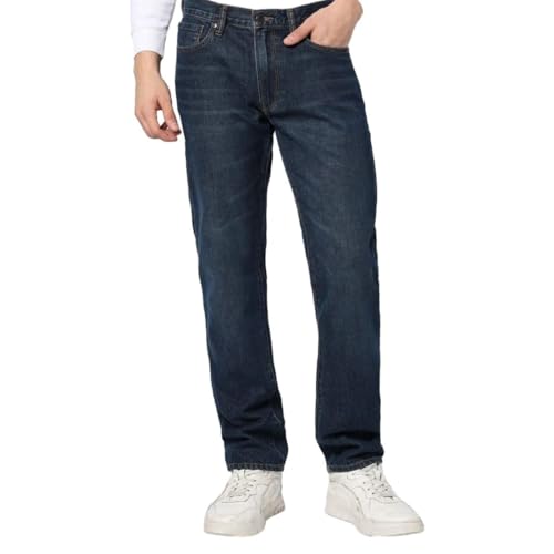 Gap men's dark washed straight fit stretchable jeans, mid-rise, with classic denim texture and visible stitching.