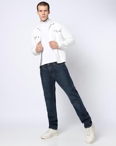 Gap men's dark washed straight fit stretchable jeans with mid-rise design, displayed flat showing front details and fit.
