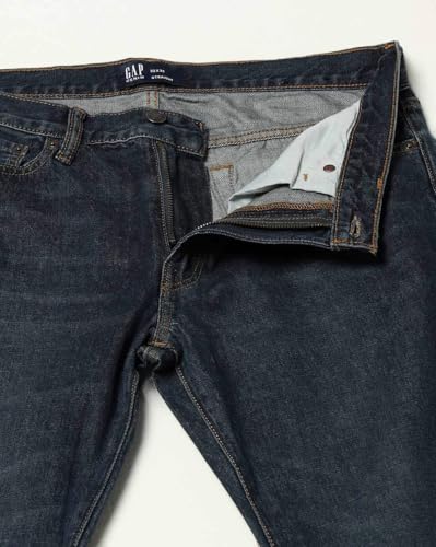 Gap men's dark washed stretchable straight fit jeans with mid-rise and classic denim style, shown on a hanger.