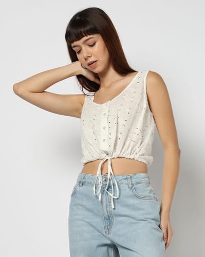GAP Women Schiffli Embroidered Fitted Cinched Top, Off White, L