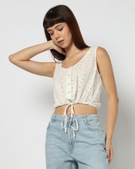GAP Women Schiffli Embroidered Fitted Cinched Top, Off White, L