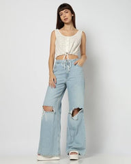GAP Women Schiffli Embroidered Fitted Cinched Top, Off White, L