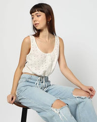 GAP Women Schiffli Embroidered Fitted Cinched Top, Off White, L