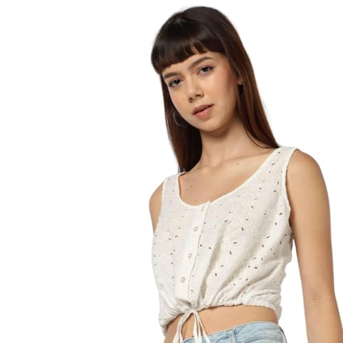 GAP Women Schiffli Embroidered Fitted Cinched Top, Off White, L
