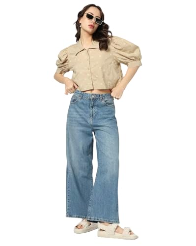 GAP Women Embroidered Regular Fit Stylised Collared Neck top,Khaki,L