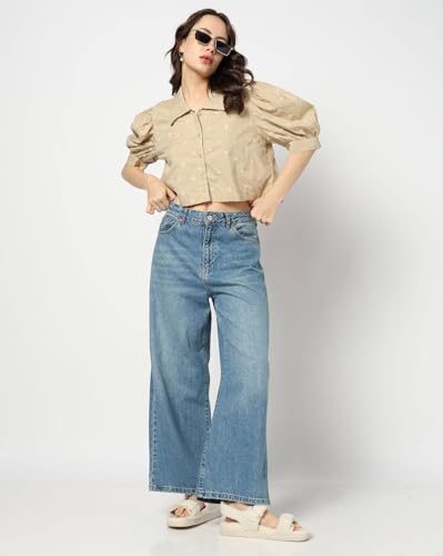 GAP Women Embroidered Regular Fit Stylised Collared Neck top,Khaki,L