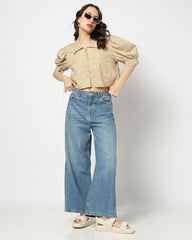 GAP Women Embroidered Regular Fit Stylised Collared Neck top,Khaki,L