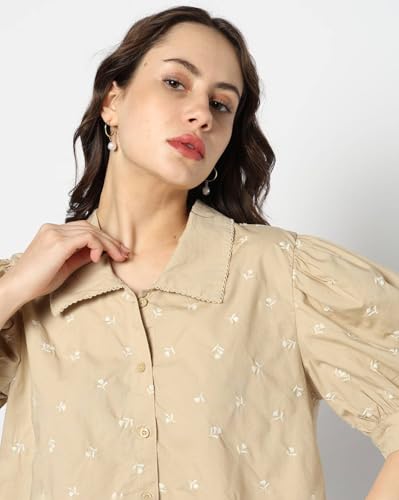 GAP Women Embroidered Regular Fit Stylised Collared Neck top,Khaki,L
