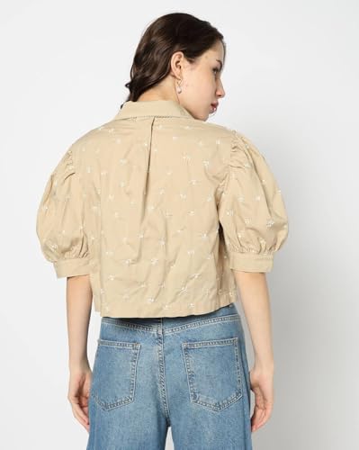 GAP Women Embroidered Regular Fit Stylised Collared Neck top,Khaki,L