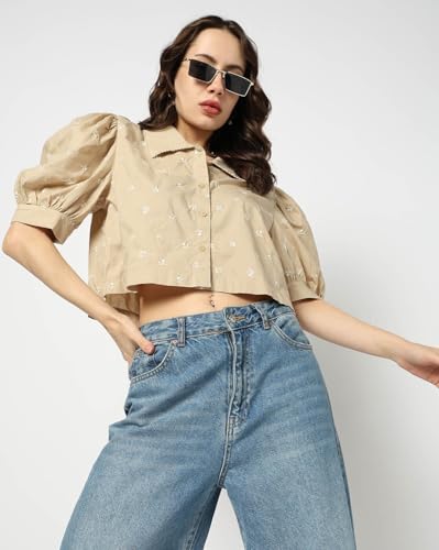 GAP Women Embroidered Regular Fit Stylised Collared Neck top,Khaki,L