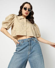 GAP Women Embroidered Regular Fit Stylised Collared Neck top,Khaki,L