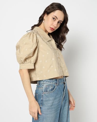 GAP Women Embroidered Regular Fit Stylised Collared Neck top,Khaki,L