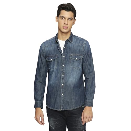 Pepe Jeans Men's Solid Regular Fit Shirt (PM308261CA0_Dark WASH Indigo Blue