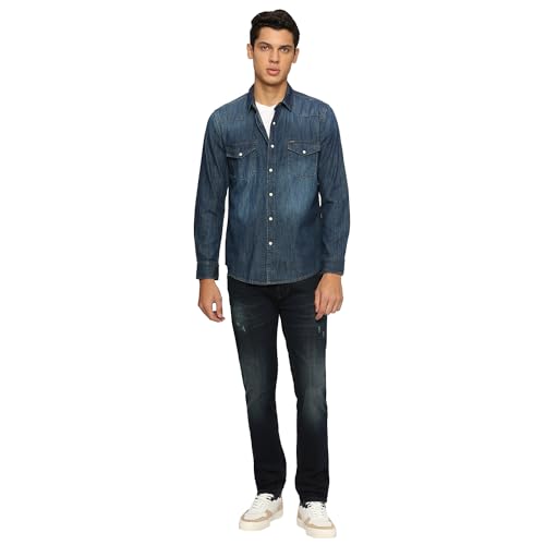 Pepe Jeans Men's Solid Regular Fit Shirt (PM308261CA0_Dark WASH Indigo Blue