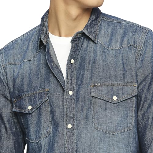 Pepe Jeans Men's Solid Regular Fit Shirt (PM308261CA0_Dark WASH Indigo Blue