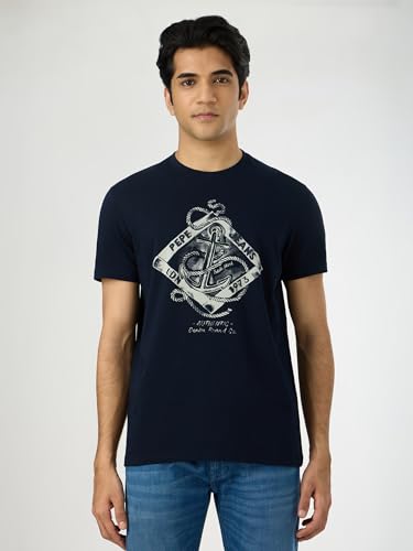 Pepe Jeans Men Blue Printed Short Sleeves Tshirts