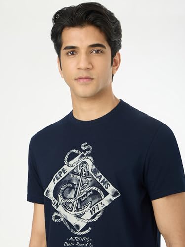 Pepe Jeans Men Blue Printed Short Sleeves Tshirts