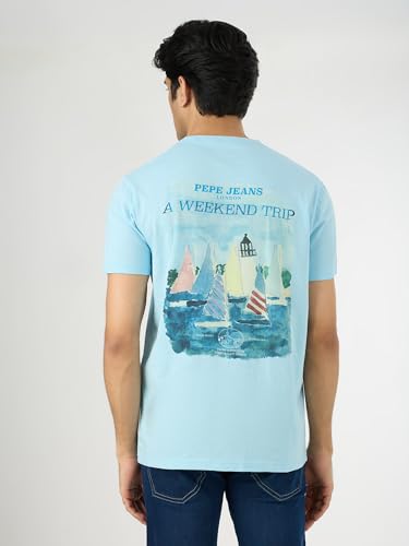 Pepe Jeans Men Blue Printed Short Sleeves Tshirts
