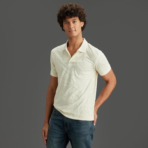Pepe Jeans Men Off White Self Design Regular Fit Polo Collar T-Shirt