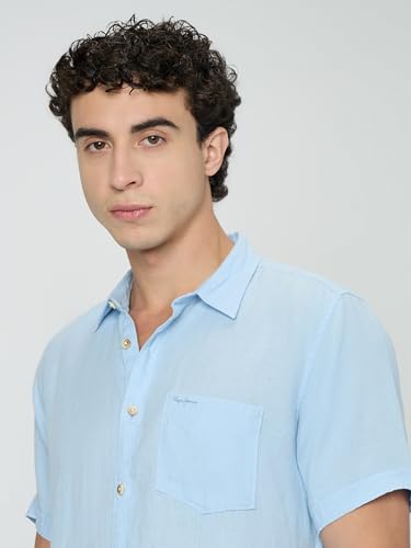 Pepe Jeans Blue Solid Mens Short Sleeves Shirt