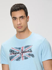 Pepe Jeans Men Blue Printed Short Sleeves Tshirt