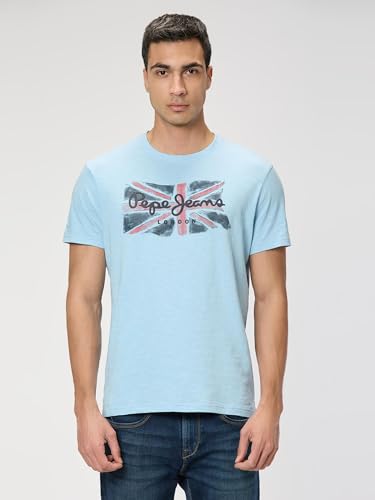 Pepe Jeans Men Blue Printed Short Sleeves Tshirt