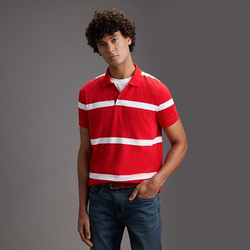 Pepe Jeans Men Red Striped Regular Fit Polo Collar T-Shirt
