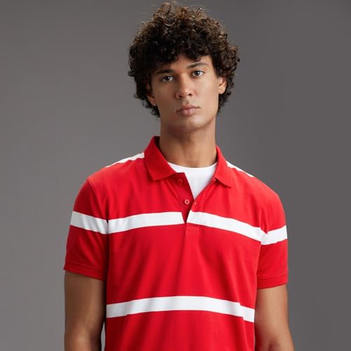 Pepe Jeans Men Red Striped Regular Fit Polo Collar T-Shirt