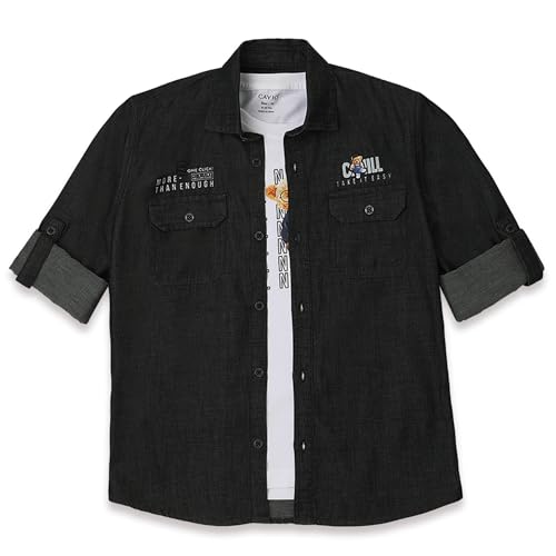CAVIO Boys Black Denim Casual Shirt with T-Shirt