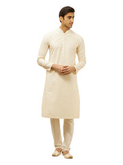 Manyavar Mens Cream Blended Viscose Self Design Kurta Pyjama Set