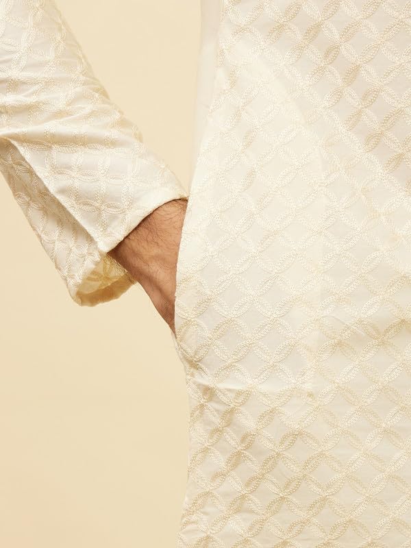 Manyavar Mens Cream Blended Viscose Self Design Kurta Pyjama Set