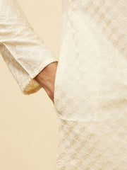 Manyavar Mens Cream Blended Viscose Self Design Kurta Pyjama Set
