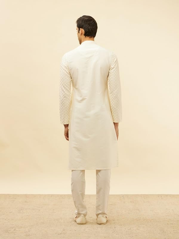 Manyavar Mens Cream Blended Viscose Self Design Kurta Pyjama Set