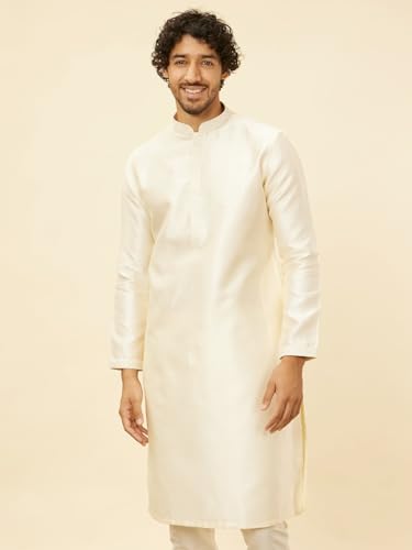 Manyavar men's cream art silk kurta pyjama set with self-design, traditional ethnic attire for men in size XL.