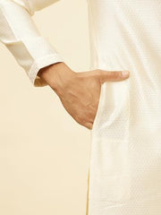Manyavar men's cream art silk kurta pyjama set with self-design, featuring traditional ethnic style, size XL.