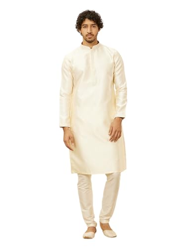 Manyavar men's cream art silk kurta pajama set with self-design, displayed on a hanger in a well-lit setting.