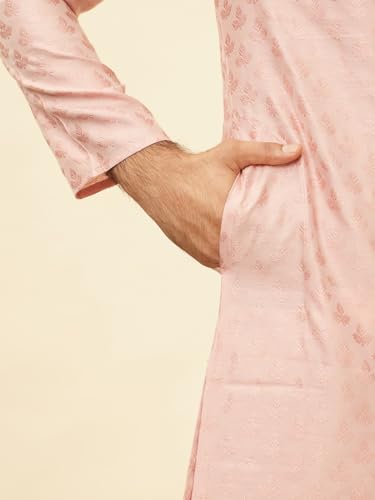 Manyavar Men's Pink Blended Viscose Self Design Kurta Pyjama Set