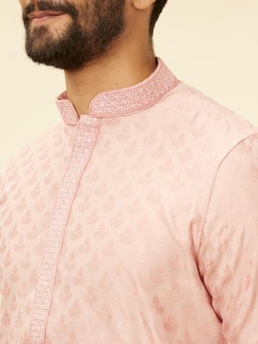 Manyavar Men's Pink Blended Viscose Self Design Kurta Pyjama Set