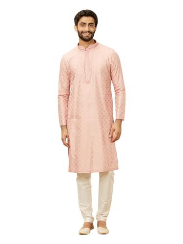 Manyavar Men's Pink Blended Viscose Self Design Kurta Pyjama Set