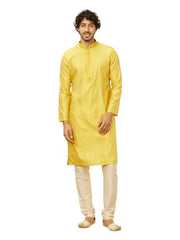 Manyavar men's mustard blended viscose kurta pyjama set with self-design, displayed in size XXL, traditional ethnic attire for men.