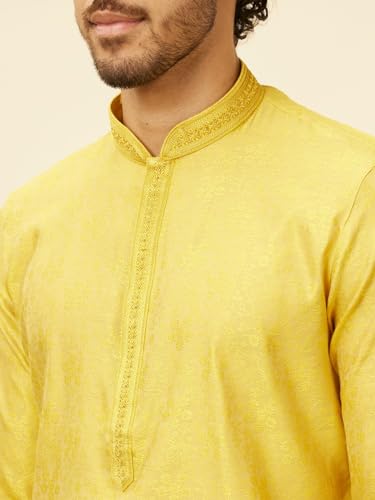 Manyavar men's mustard blended viscose kurta and pyjama set with self-design, XXL size, traditional ethnic attire for men.