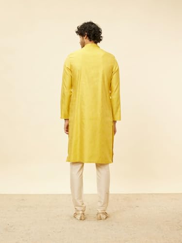 Manyavar men's mustard blended viscose kurta pajama set with self-design, displayed in XXL size, traditional ethnic attire.