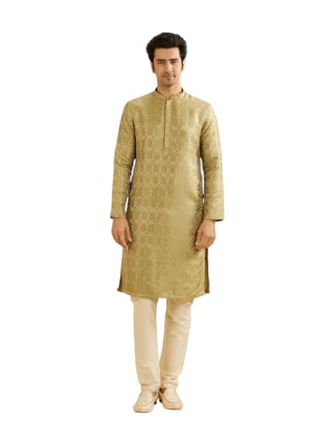 Manyavar men's green brocade self-design kurta set with matching pajama, traditional ethnic Indian attire for men.