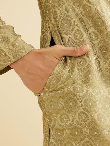 Manyavar men's green brocade kurta set with self-design pattern, paired with matching pajama, traditional ethnic attire for men.
