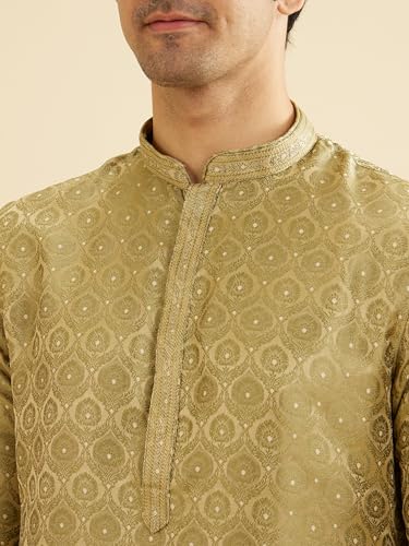 Manyavar men's green brocade kurta set with self-design, traditional ethnic wear for men, size medium.